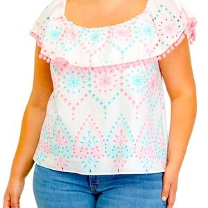 Crown & Ivy Ruffle Trim Top 1X NWT Pink White Turquoise Blue Beautiful